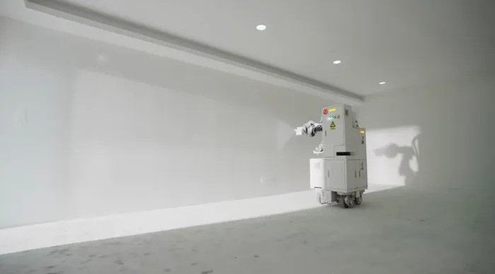 the Legend Robot putty coating robot is spraying putty and latex paint